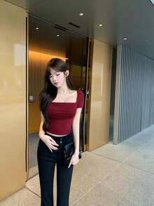 时尚迷人的红色加厚圆领长袖 T 恤、修身汗衫、外出上衣 - 紅色 - 查看 3