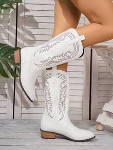 新款女士刺绣白色皮革西部靴，尖头粗跟过膝长靴，户外休闲时尚靴 - 白色 - 查看 3