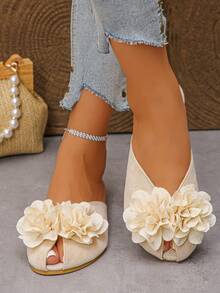 1 双女学生返校 3D 山茶花凉鞋，户外时尚拖鞋，圆头甜美平底一脚蹬凉鞋，适合婚礼、工作、学校、宿舍、度假、旅行、海滩 - 米色 - 查看 5