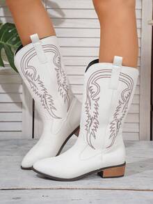 新款女士刺绣白色皮革西部靴，尖头粗跟过膝长靴，户外休闲时尚靴 - 白色 - 查看 4
