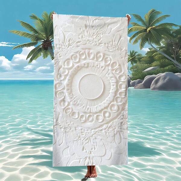 منشفة شاطئ مطبوعة بالمندلا البيضاء - ناعمة، مقاومة للرمال، ماصة للمياه بشكل فائق من الميكروفايبر، مناسبة للسفر والسباحة والتزلج على الأمواج واليوغا والتخييم وعطلات الشاطئ - تصميم دائري أنيق، مثالية للمغامرات الخارجية، إكسسوار شاطئ