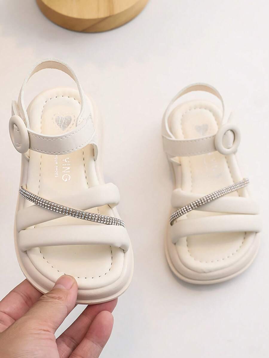 Girls' Fashion Cute Solid Color Lace Pearl Decor Outdoor Flat Sandals, Soft & Comfortable - Beige - View 1