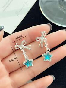 1 Pair Cute Pentagram Bow Crystal Stud Earrings, Suitable For Women Everyday And Party Wear