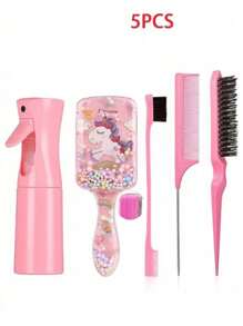 5pcs/Fashion Girl (6.8 Oz/200ml) Continuous Fine Mist Spray Bottle, High-Pressure Continuous Spray Bottle, Ultra-Fine Mist Conditioner Bottle, Makeup Water Spray Bottle, Square Transparent Cartoon Children's Comb, Smooth Comb, Household Hair Care Comb, Scalp Massage Comb ,Hair Accessoires