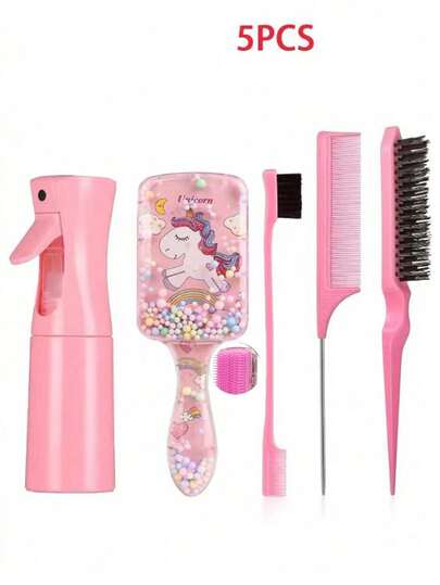 Paquete de 5 piezas de herramientas para el cabello de moda para niñas, paquete de peines, (6.8 Oz/200ml) Botella de spray de niebla fina continua, Botella de acondicionador de cabello de niebla ultrafina, Botella de spray de agua para maquillaje, Peine cuadrado transparente de dibujos animados, Peine suave, Peine para el cuidado del cabello para el hogar, Peine de masaje del cuero cabelludo, Regalos, Juegos, Accesorios para el cabello, Accesorios para la cabeza, Accesorios para el cabello para mujeres
