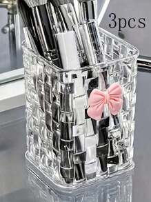 1pc Clear Acrylic Desk Organizer With Bow Accent - PMMA Pen Holder And Storage Basket For Office Supplies, Pens, And Accessories