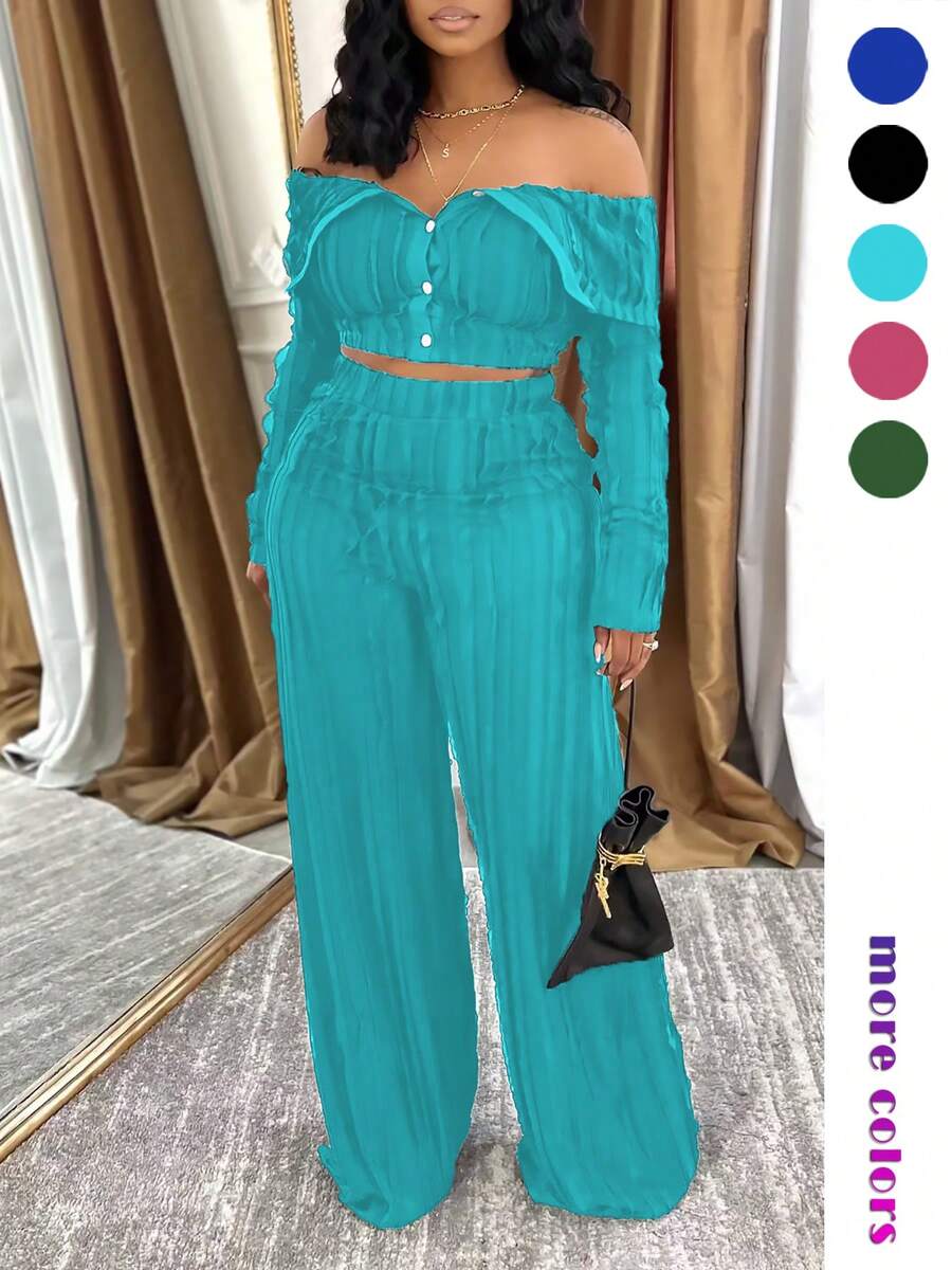 Women's Elegant 2pcs Set, Solid Color Long Sleeve Off-Shoulder Sexy Ruffle Front Button Crop Top And Wide Leg Pants - Mint Green - View 1
