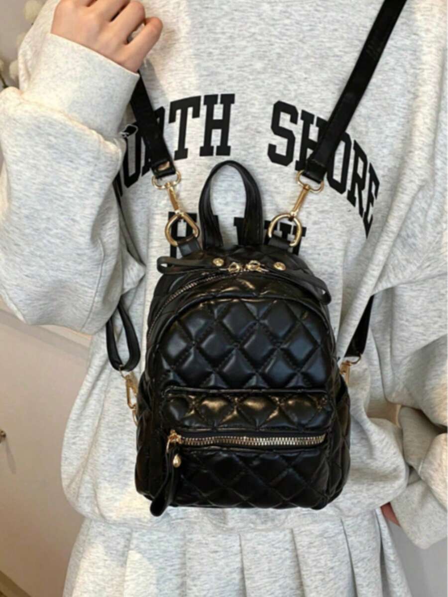 1 件 PU 面料绣花线绗缝迷你多功能休闲背包 - 黑色 - 查看 1