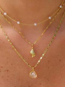 3pcs European Style Multi-Layer Faux Pearl & Shell Pendant Necklace, Bohemian Metal Snake Chain Necklace For Women, Versatile Layered Choker Necklace Suitable For Beach And Vacation Wear