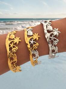 1pc Summer Women Tropical Ocean Shell, Fish, Coconut Tree Handmade 18k Gold Plated Bracelet, Summer Beach Daily Holiday Party Jewelry