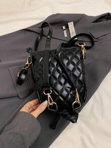 1 件 PU 面料绣花线绗缝迷你多功能休闲背包 - 黑色 - 查看 5