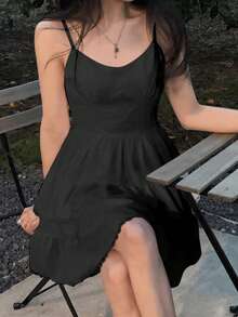 2025 Spring Sleeveless Floral Lace Trim Cake Dress Dress, Women's Fashion Black Elegant Summer - Black - View 5