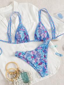 2 chiếc đồ bơi bikini in hoa nhỏ nhắn gợi cảm thường ngày cho nữ, dành cho kỳ nghỉ ở khu nghỉ dưỡng & bãi biển, mùa hè - Màu xanh ngọc - Xem 2