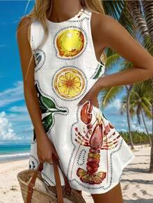 Women's Summer And Spring Fashion Elegant Casual Sexy Vacation-Style Sleeveless Short Cool Dress With Fruit And Floral Patterns