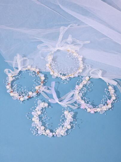 1件优雅新娘仿珍珠串珠花朵发箍，清新浪漫美学发饰，适合派对、婚礼、表演