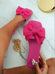 女士时尚平底方头凉鞋，百搭女士夏季沙滩拖鞋，防滑 - 玫紅色 - 查看 2