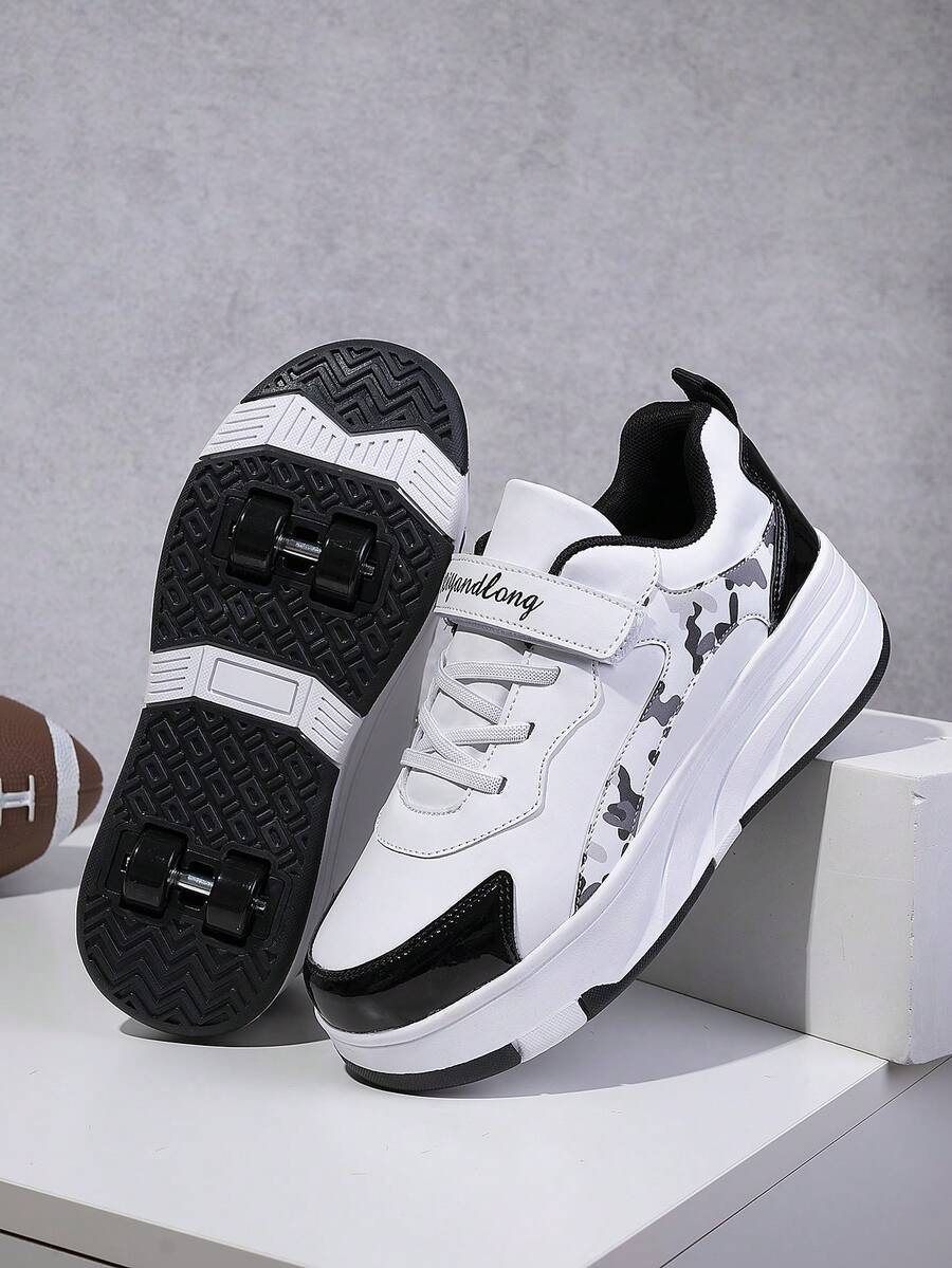 1 Pair Upgraded Heelys Sneakers For Teens, 4 Wheels With Enhanced Stability, Adjustable Hook And Loop, Easy On/Off, Detachable Wheels, 2-In-1 Skateboard/Roller Shoes, High Cost Performance Roller Skates - Black and White - View 1