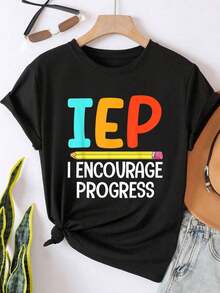 Summer Tops, IEP SPED Teacher Art For Men Women Special Education Teacher Tees T-Shirt, Cotton Short Sleeve Round Neck Casual Top For Summer & Spring, Women's Clothings - 黑色 - 查看 1