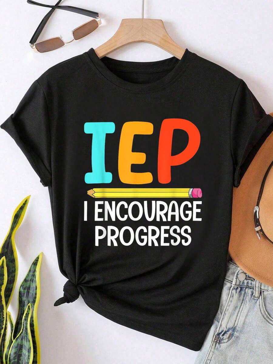 Summer Tops, IEP SPED Teacher Art For Men Women Special Education Teacher Tees T-Shirt, Cotton Short Sleeve Round Neck Casual Top For Summer & Spring, Women's Clothings - 黑色 - 查看 1