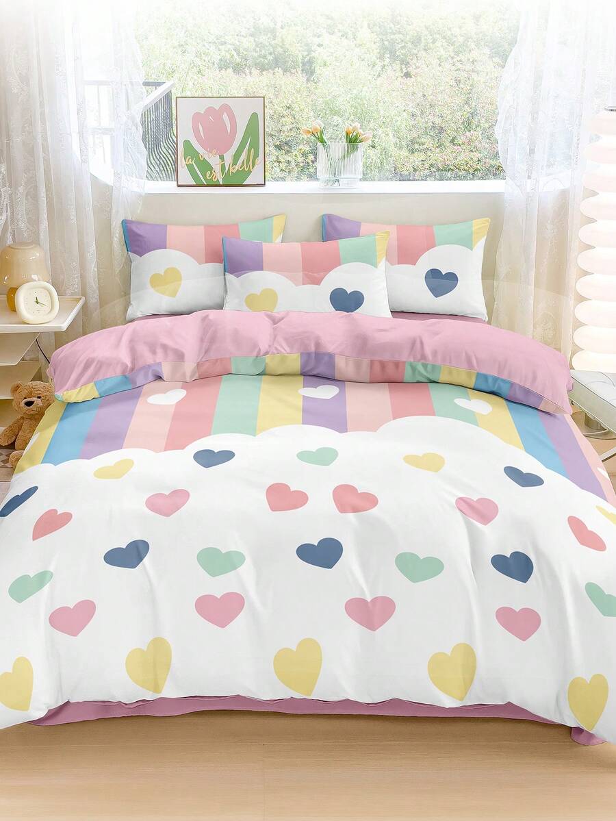 Bộ chăn ga gối 2/3 món, mềm mại và thoải mái, họa tiết trái tim cầu vồng, vỏ chăn bằng sợi microfiber có thể giặt, thoáng khí, chống bụi và trơn trượt, nhẹ và mềm mại, phù hợp cho giường đơn/đôi/cỡ lớn, bao gồm 1 vỏ chăn và 2/1 vỏ gối, quà tặng ngày lễ, trang trí phòng ngủ, trang trí mùa đông.