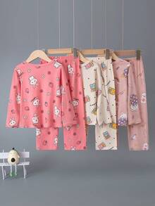 6 件套少女卡通兔子和熊全身印花轻薄长袖上衣和裤子春秋睡衣套装