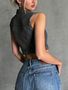 Chaleco vaquero versátil de moda para mujer, color sólido, informal, con bolsillo frontal y botones, para escenario y conciertos - Negro - Ver 2