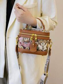 Fashionable PU Leather Handbag, Cute Cartoon Bear Print Bucket Bag, With Adjustable Strap, Casual  Versatile High-Quality Daily Commuting Bag, Unique Bags, Shoulder Bags - 藍色 - 查看 10