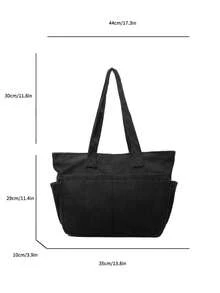 女士灯芯绒手提包，带多个口袋，适合高中生和大学生的时尚背包 - 黑色 - 查看 7