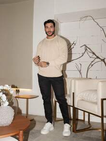 Men's Knitted Sweater Top Chic High Quality Textured Autumn Winter Long Sleeve - Beis - Ver 4