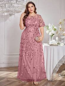 UNITHORSE Vestido Acampanado de Talla Grande con Cuello Redondo, Lentejuelas, Bordado y Patchwork - Rojo violeta - Ver 4