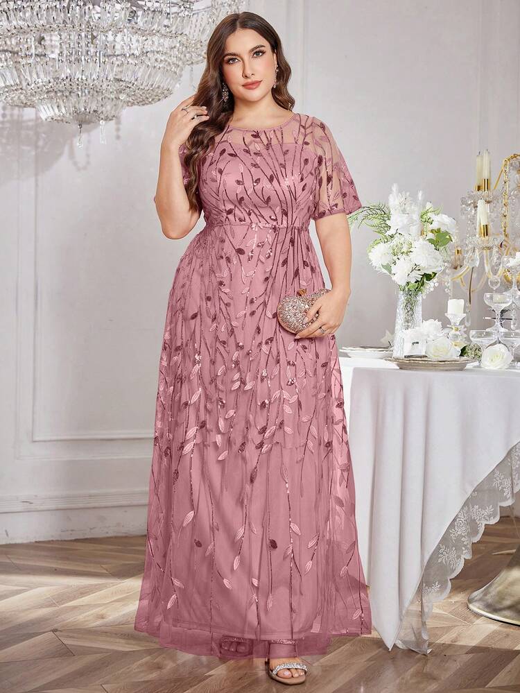 UNITHORSE Plus Size Chic Crew Neck Sequin Embroidery Patchwork Flared Dress - Red Violet - View 4