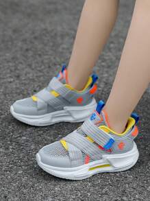1 Pair Boys/Girls Summer Mesh Splicing Soft Lightweight Magic Tape Color Blocking Breathable Casual Daily Running Sports Shoes