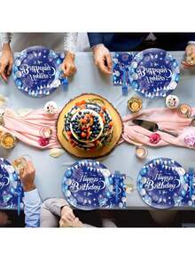 80pcs Party Supplies Set For 20 People, Navy Blue Balloon Pattern Winter Limited Edition Party Set Includes 7"/9" Party Plates, Napkins, Cups, Suitable For Birthday, Christmas, Halloween Parties, Family Gatherings, Picnics - Multicolor - View 5
