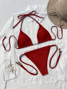 Women's Fashionable Sexy Solid Color Swimsuit Set - Red - View 2