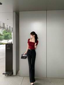 时尚迷人的红色加厚圆领长袖 T 恤、修身汗衫、外出上衣 - 紅色 - 查看 5