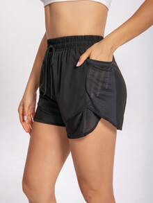 1 pieza Pantalón corto de yoga 2 en 1 para mujer con tela de secado rápido y bolsillos de malla - Para uso casual, entrenamiento en el gimnasio - Apto para verano - Para mujeres - Perfecto para un estilo de vida activo - Negro - Ver 5