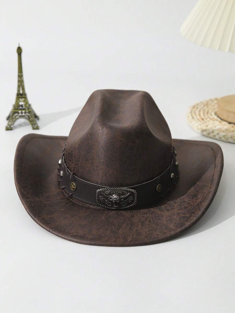 1pc Unisex Cattle Head & Belt Decor Boho Jazz Cowgirl Hat Ridge Wide Brim Handmade Soft Felt Hat Panama Hat Western Suitable Cowboy Hat Fedora Hat For Party - Cà phê nâu - Xem 1