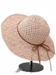 1 pieza Sombrero de paja de moda para mujer, sombrero de verano tejido a mano, ala ancha, estilo coreano, correa con lazo plegable, sombrero protector solar para playa y pesca, accesorio de viaje y vacaciones como regalo