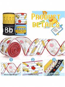4 rollos de 20 yardas cada uno de cinta con borde metálico de 2.5 pulgadas con diseños de regla, lápiz, manzana, autobús y letras del abecedario, para envolver regalos, manualidades y decoraciones del primer día de clases - Multicolor - Ver 6