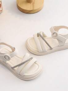 Girls' Fashion Cute Solid Color Lace Pearl Decor Outdoor Flat Sandals, Soft & Comfortable - Beige - View 6