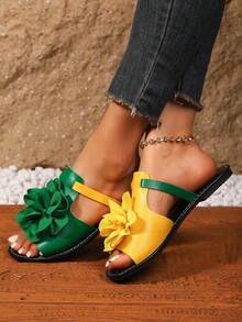 Women's Fashion Casual Contrast Color Rhinestone Embellished Outdoor Sandals, Ladies Beach Thong Slippers - Yellow-green - View 3
