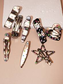 8 件时尚女士金属发夹，银色点缀鸭夹发饰，扁平爪夹，鳄鱼发夹，发夹，发夹，发夹 - 銀色 - 查看 4