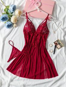 Valentine's Day Pajama Sets For Women,Plain Contrast Lace  Backless  Bow Slit Mesh Strapless Sexy Dress, Burgundy Deep V Backless Silky Doll Dress With  Sheer  Thongs, Deep Night Couple Romantic LingerieSet.Comfortable Sleepwear,Suitable For Dates, Parties, Intimate Occasions - Màu Đỏ Sâu - Xem 7