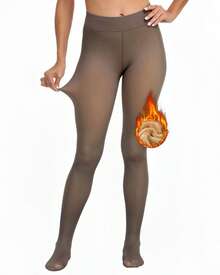 Meia Calca Feminina Termica Forrada pelucada Elástica Slim Leggings P ao Plus - Caramelo - Visão 1