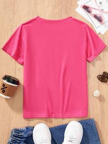 Tween Girls Smile Letter Print Round Neck Casual Short Sleeve T-Shirt, Suitable For Spring And Summer, Soft And Comfortable - Hot Pink - View 3