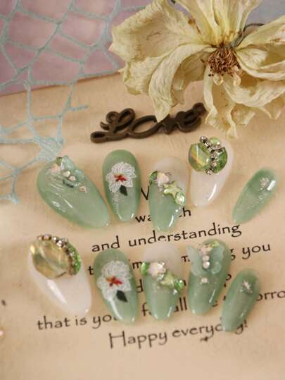 XEERCOOU 10pcs Press On Toe Nails Tips Green White Flowers Explosive Flash Diamond Magnificent Butterfly Heavy Industry Beach Essentials Nail Tools Short Nails Nail Set Cute Nails Office DailyWear False Nails Artificial Nails Kit Nail Supplies Includes 1sheet Adhesive Tabs &1 Pc Mini File Nail Art DIY