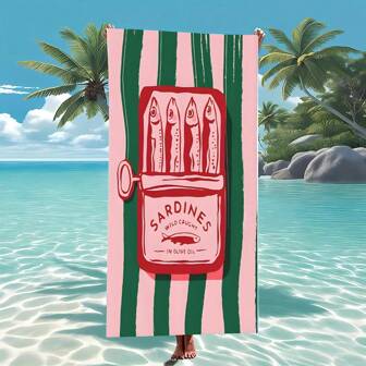 1pc Sardine Quick-Dry Beach Towel - Soft, Absorbent, Lightweight, With Fun Cartoon Sardine Can Design - Perfect For Swimming, Surfing, Camping And Travel Essentials, Surfing Accessories