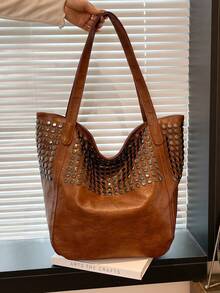 Dedoo 2024新款软皮手提包，小丑图案，简约单肩包，铆钉装饰，大容量女士手提包，方便购物、商务、休闲出行，光泽亮丽，豹纹印花 - 棕色 - 查看 4