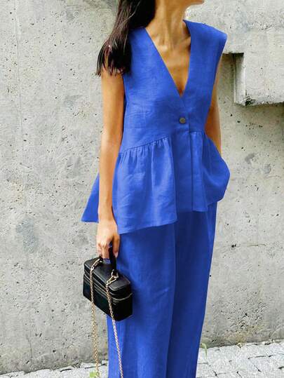 2pcs Women Sleeveless Top And High Waist Pants Set, Solid Color Casual Elegant Outfit, Lightweight Sheer Fabric Suitable For Evening Date, Beach, Wedding, Garden, Street