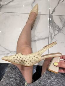 Sapatos femininos de salto alto com bico fino e cor sólida, adequados para deslocamento diário - Bege - Ver 3